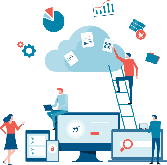 Graphic depicting IT people collecting and analyzing retail POS and inventory data from various retail data sources and conducting POS data management.