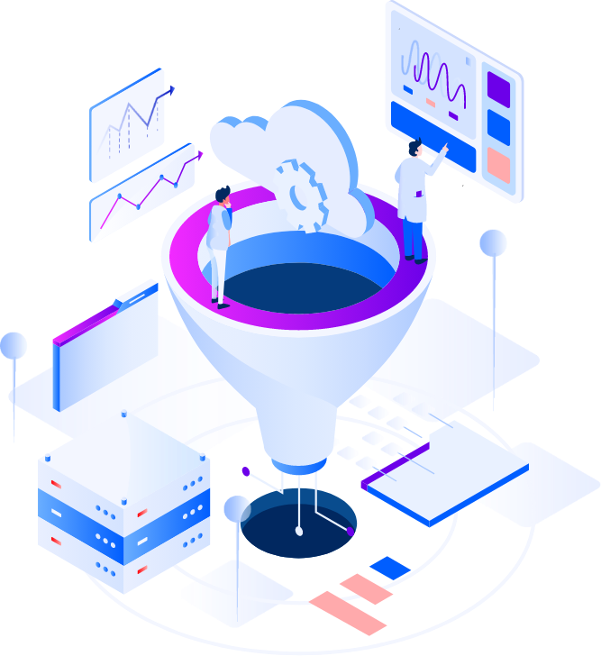 Data funnel showing two retail data analysts analyzing integrated retail data sources including point-of-sale data and inventory data.