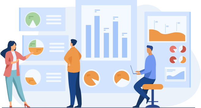 Graphic depicting retail data and business analysts analyzing retail point-of-sale and inventory data and reporting.