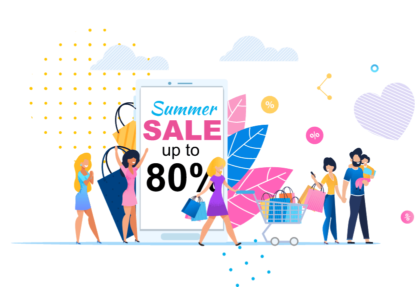 Consumer brands summer sale sign representing trade promotions and execution at a retail store. Women and a family shopping.