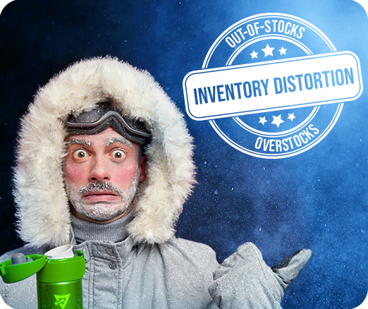 Man in winter jacket pointing to inventory distortion sign in bad weather.