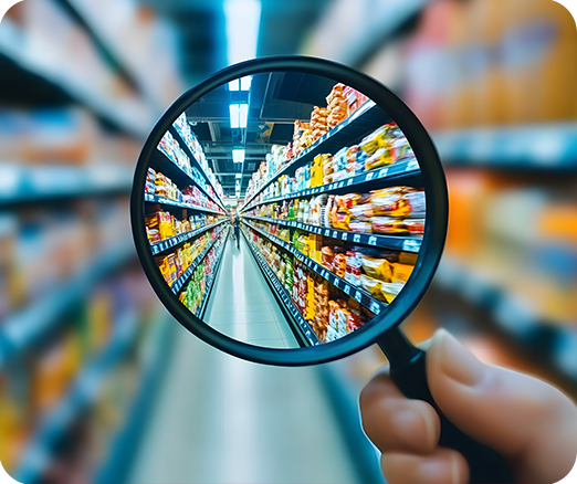 Magnifying glass looking at retail products in an aisle.