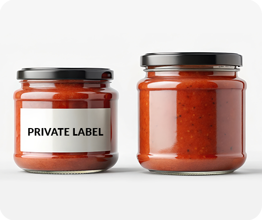 Two jars of sauce with one having a Private Label label on the front.