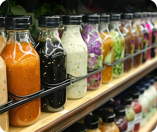 Salad dressing and sauce bottles on a retail shelf, representing restaurant-branded products.