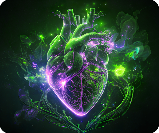 Purple and green heart graphic depicting the life force of consumer brands.