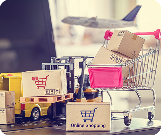 Shopping cart, forklift and shipping boxes to depict demand planning.