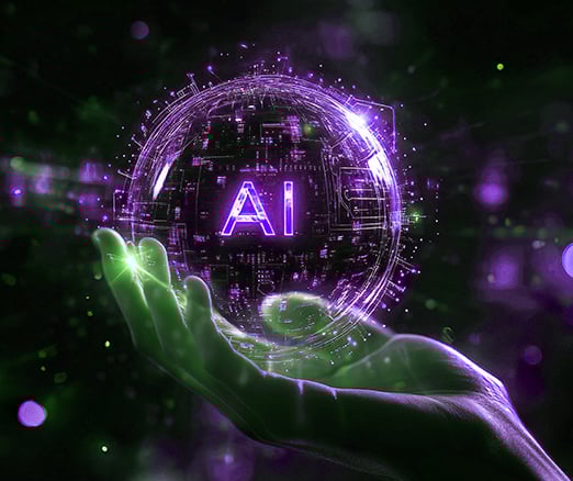 Digital hand holding a futuristic-looking sphere with AI on it.