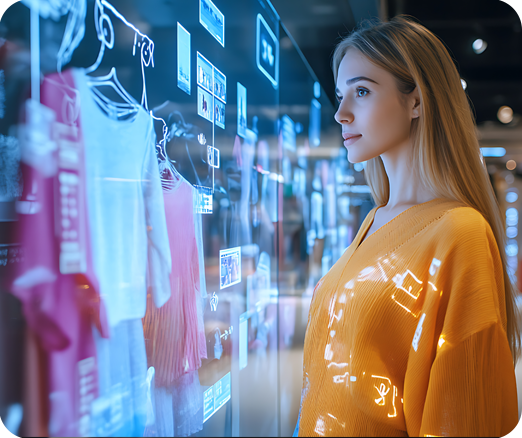 Female looking at AI-generated clothing representing trade promotions.