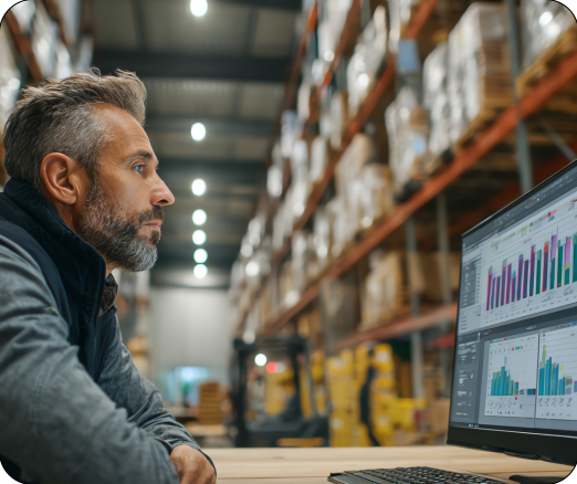 Adult male sitting in front of a laptop analyzing retail warehouse data