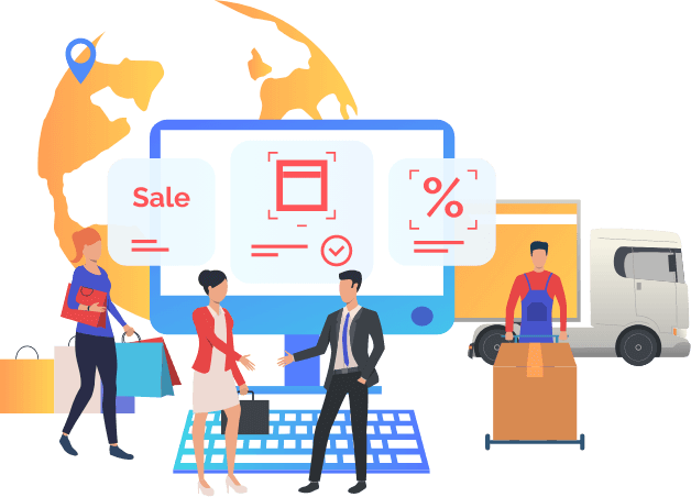 Illustrated man and woman conducting retail sales and showing collaboration between consumer goods manufacturers and retailers, and retail replenishment.