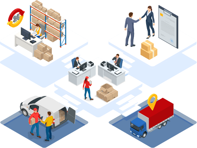 Various illustrated people representing retailer supply chain operations, data analytics, and consumer goods-retailer sales and collaboration.