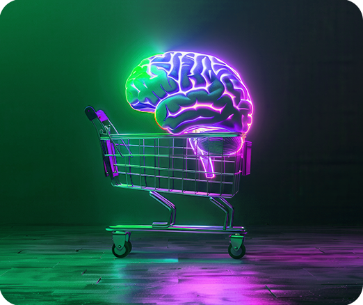 A brain in a shopping cart to represent retail intelligence for CPG companies.